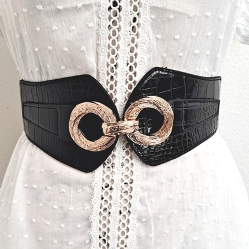 Black Croc Embossed Wide Elastic Waist Belt M Gold Buckle Statement Party event - Picture 4 of 7